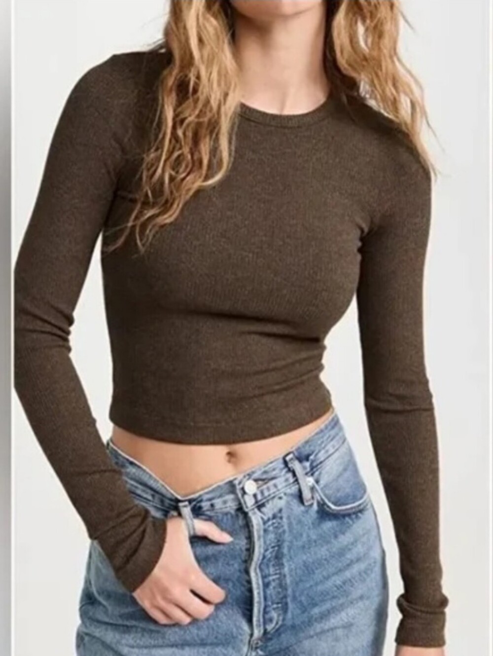 Agolde Alma Shrunken Cropped Crew Long Sleeve Brown Tee Size Small
